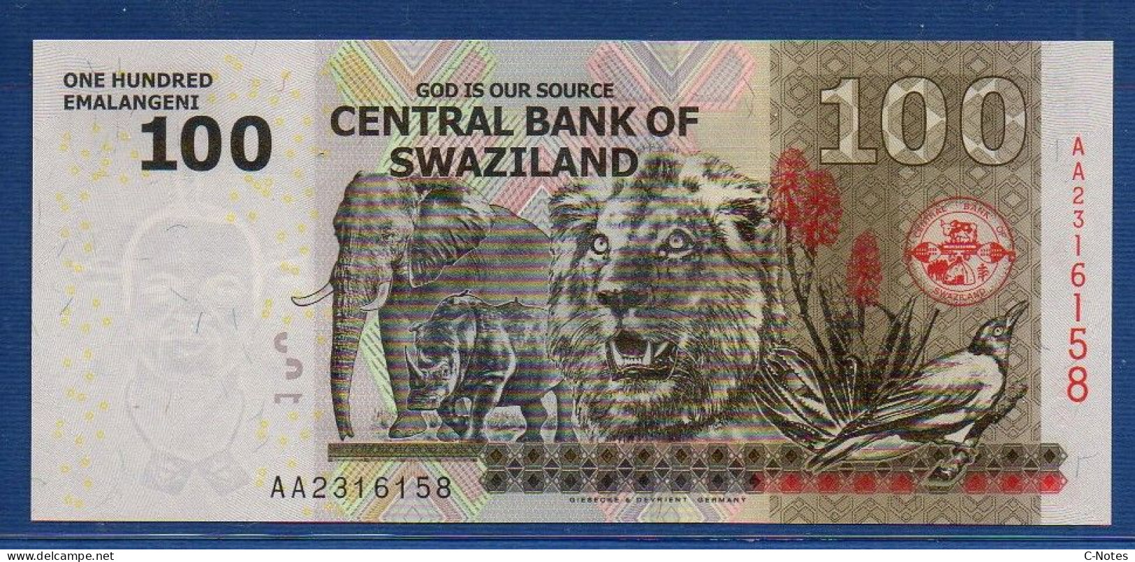 SWAZILAND - P.39 – 100 Emalangeni 2010 UNC, S/n AA2316158 - Swasiland