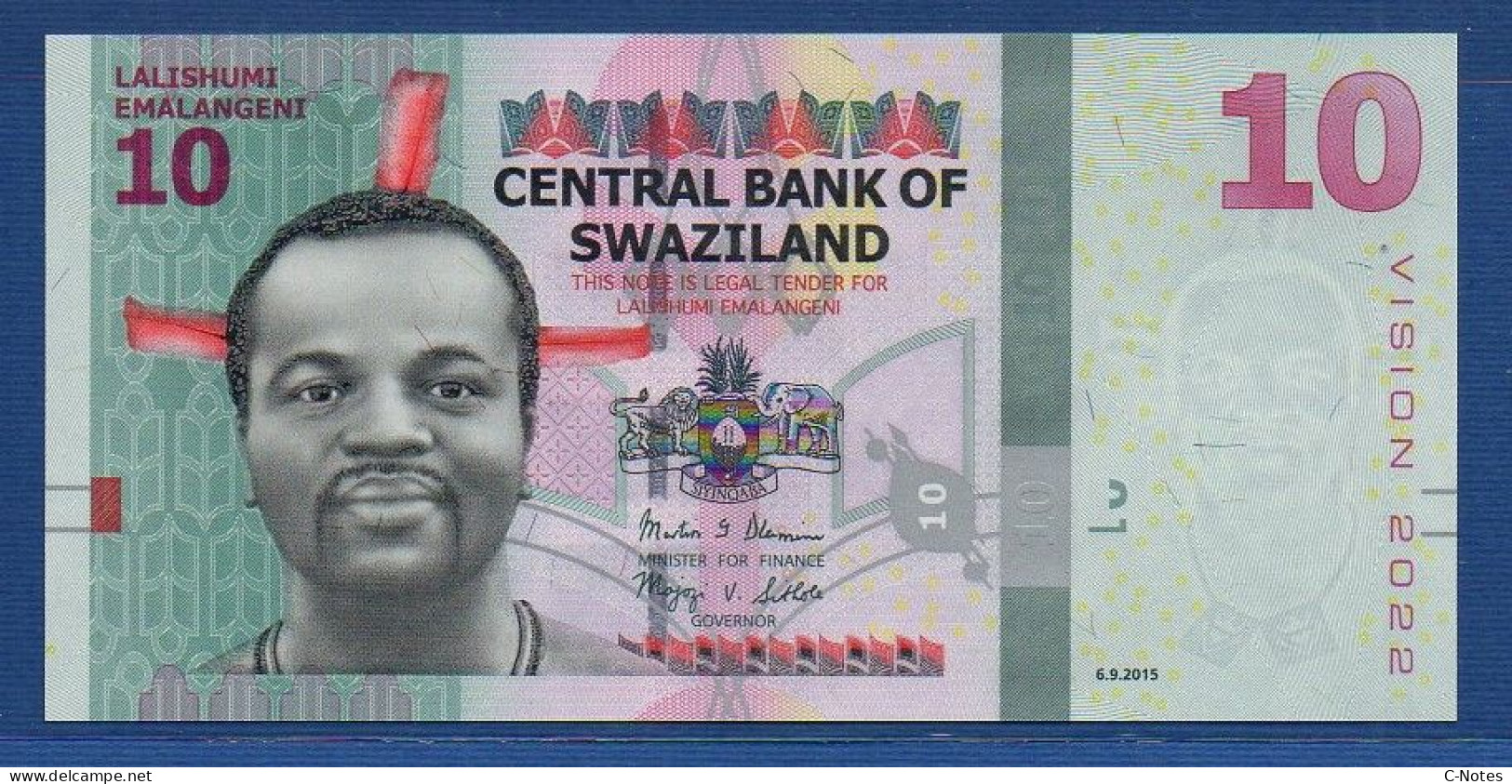 SWAZILAND - P.41 – 10 Emalangeni 2015 UNC, S/n AB9601495 "Vision 2022" Issue - Swaziland