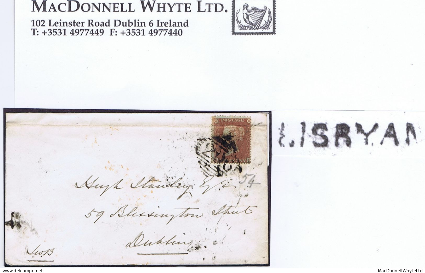 Ireland Longford 1854 Small Sans-serif Type 2A LISRYAN Receiving House On Cover To Dublin With 1d Red Tied "206" - Vorphilatelie