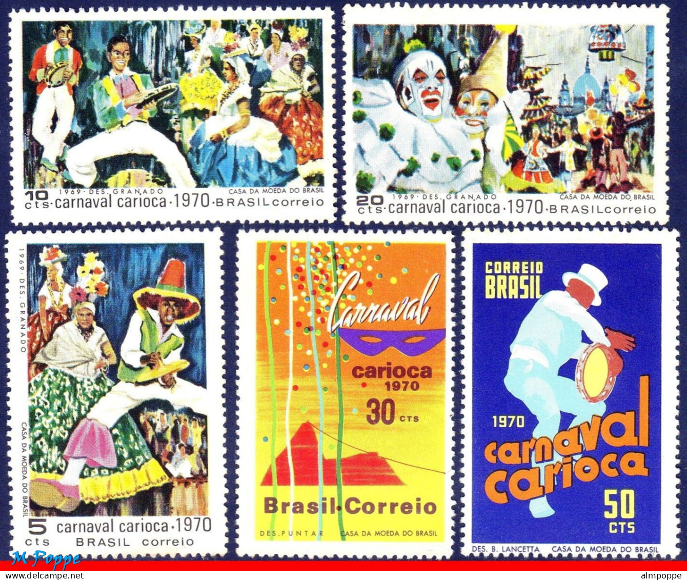 Ref. BR-1150-54 BRAZIL 1970 - 1969, CARNIVAL IN RIO DEJANEIRO, DANCE, MI# 1243-45,47-48, MNH, MUSIC 5V Sc# 1150-54 - Carnevale