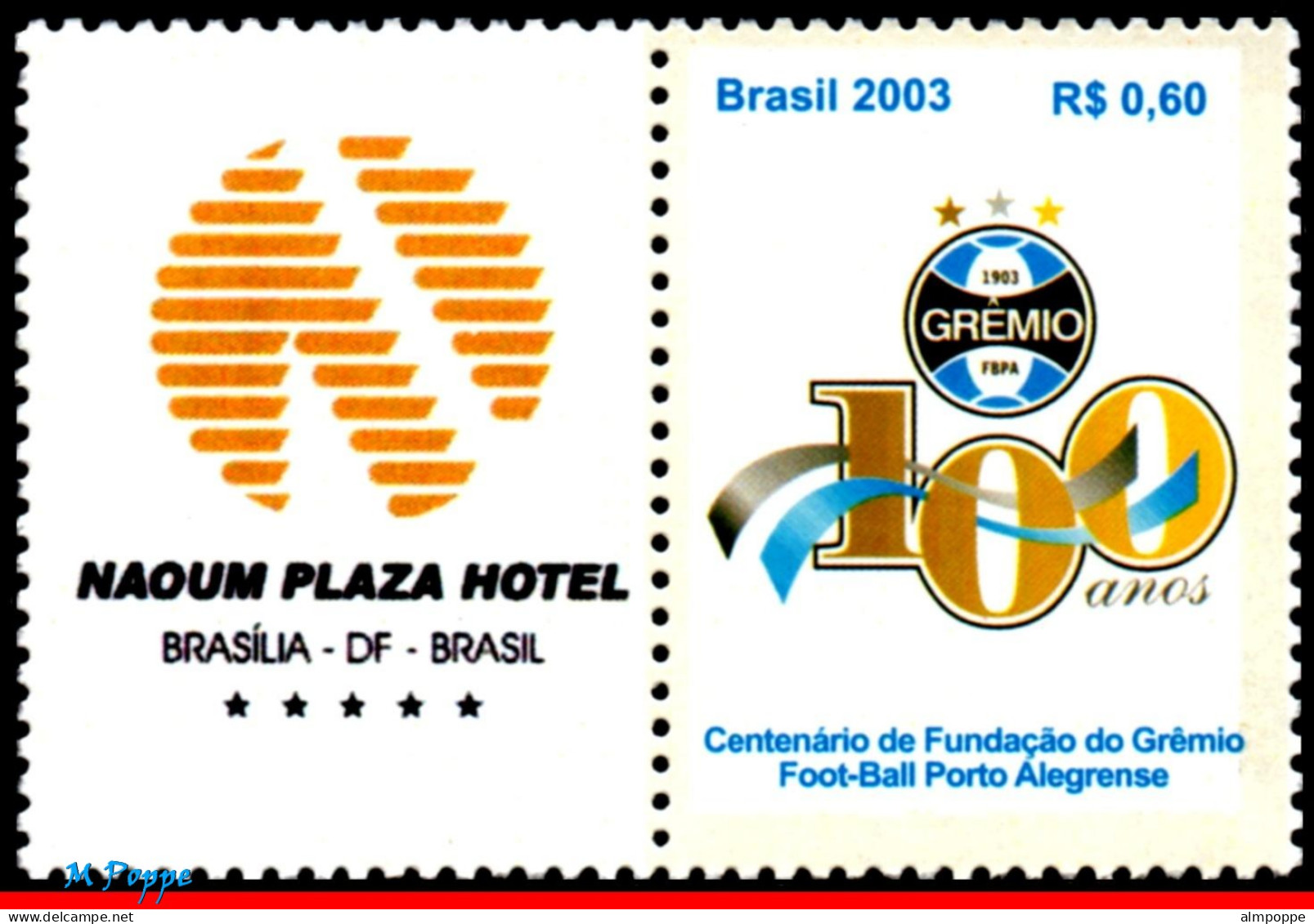 Ref. BR-2895A-4 BRAZIL 2003 - CENTENARY OF GREMIO,FAMOUS CLUBS, SPORT, PERSONALIZED MNH, FOOTBALL SOCCER 1V Sc# 2895A - Personnalisés