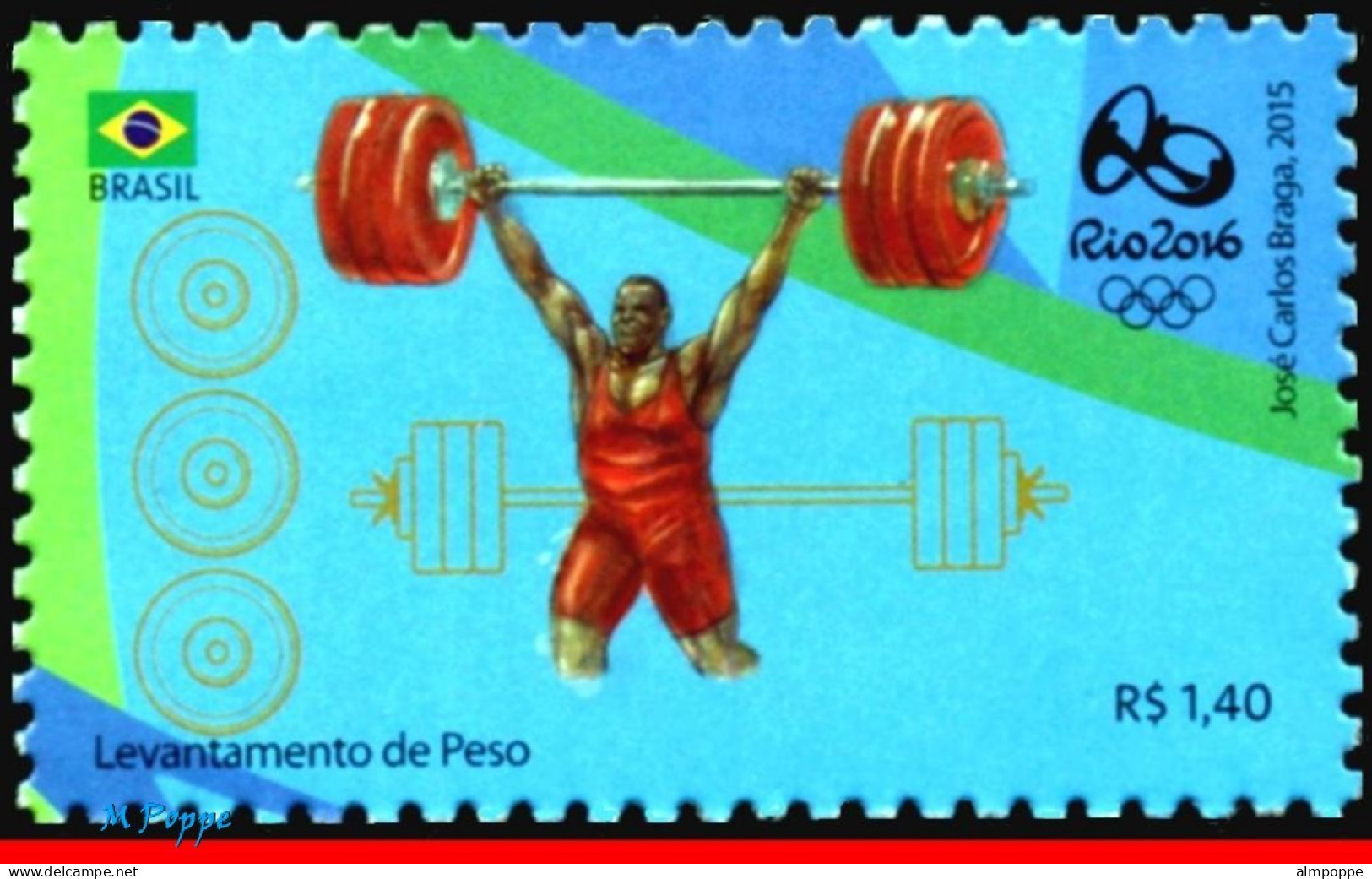 Ref. BR-3318J BRAZIL 2015 - OLYMPIC GAMES, RIO 2016,WEIGHTLIFTING, STAMP OF 4TH SHEET, MNH, SPORTS 1V Sc# 3318J - Haltérophilie