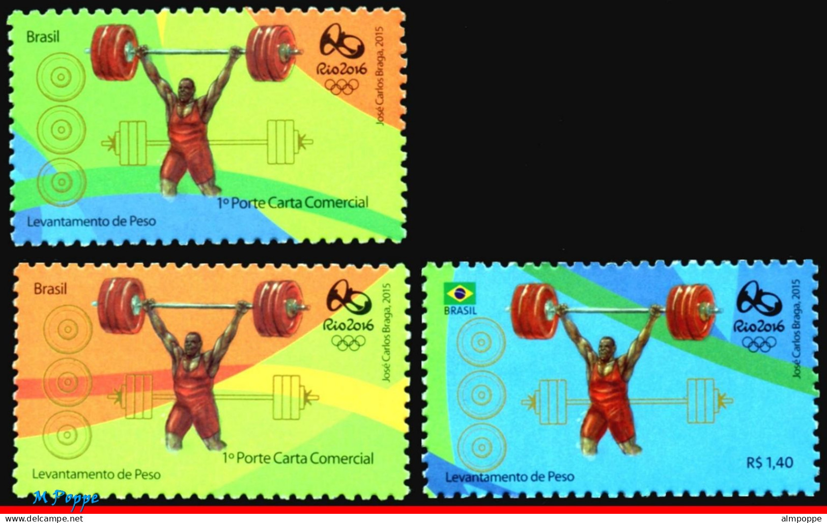 Ref. BR-OLYM-E05 BRAZIL 2015 - OLYMPIC GAMES, RIO 2016,WEIGHTLIFTING,STAMPS 1ST & 4TH SHEET,MNH, SPORTS 3V - Pesistica