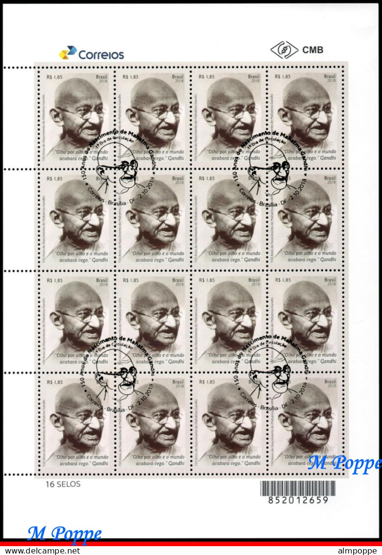 Ref. BR-V2018-07FC BRAZIL 2018 - MAHATMA GANDHI, STAMPEDSHEET OF 1ST DAY, CANCELED NM, FAMOUS PEOPLE 16V - Usati