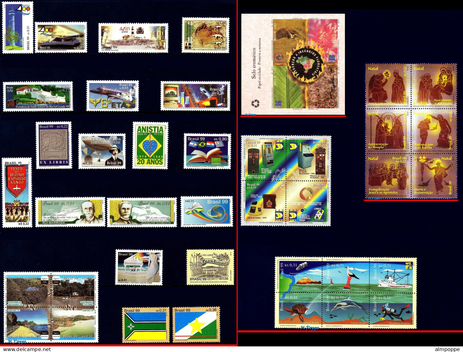 Ref. BR-Y1999-S BRAZIL 1999 - ALL COMMEMORATIVE STAMPSOF THE YEAR, SC# 2704~2731, ALL MNH, . 43V Sc# 2704~2731 - Full Years