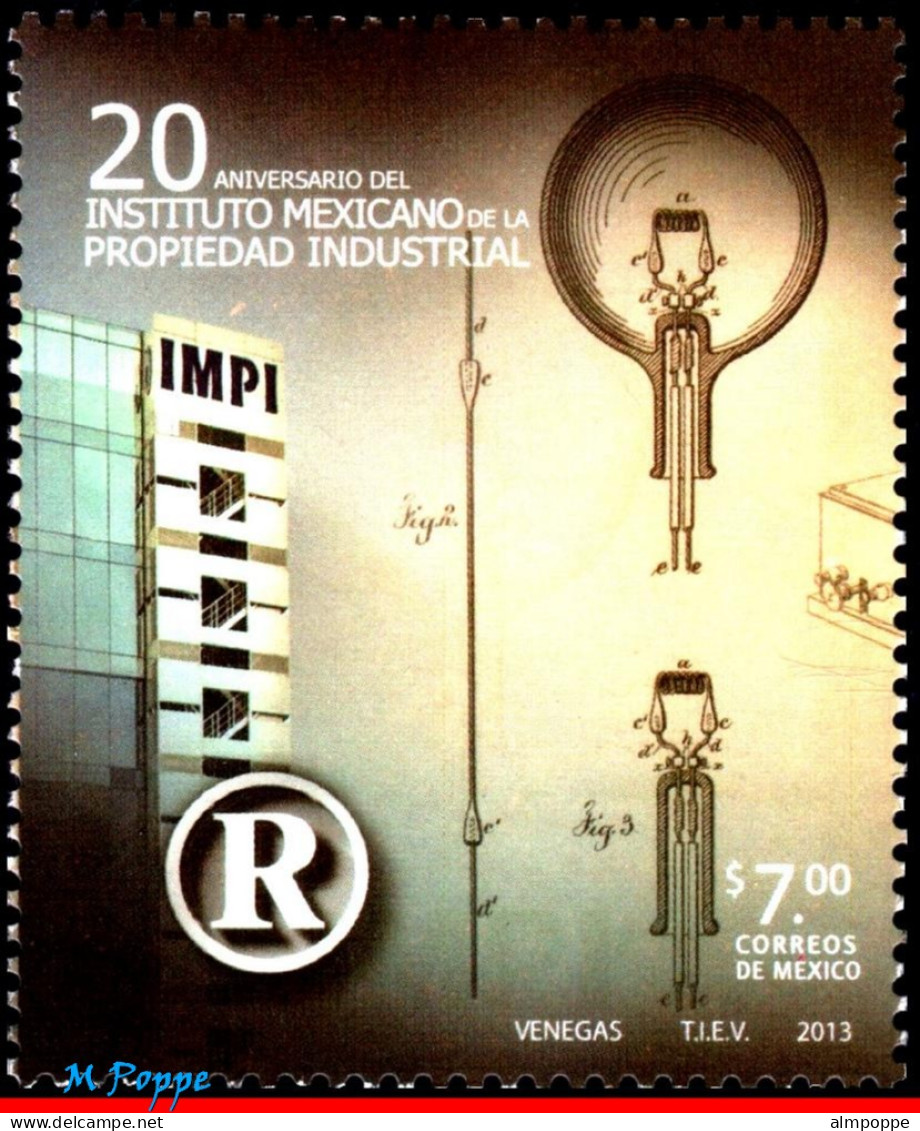 Ref. MX-2853 MEXICO 2013 - INSTITUTE OF INDUSTRIALPROPERTY, 20TH ANNIV., LAMP, MNH, INDUSTRY 1V Sc# 2853 - Usines & Industries