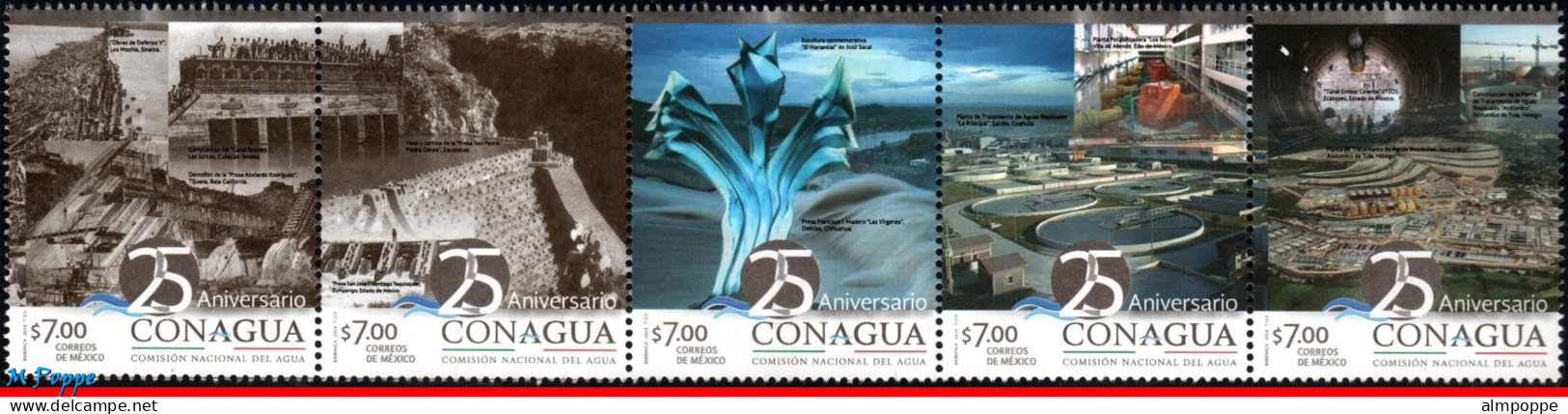 Ref. MX-2859 MEXICO 2014 - CONAGUA, 25TH ANNIV., NTLWATER COMMISSION, WATER DAMS, SET MNH, INDUSTRY 5V Sc# 2859 - Water