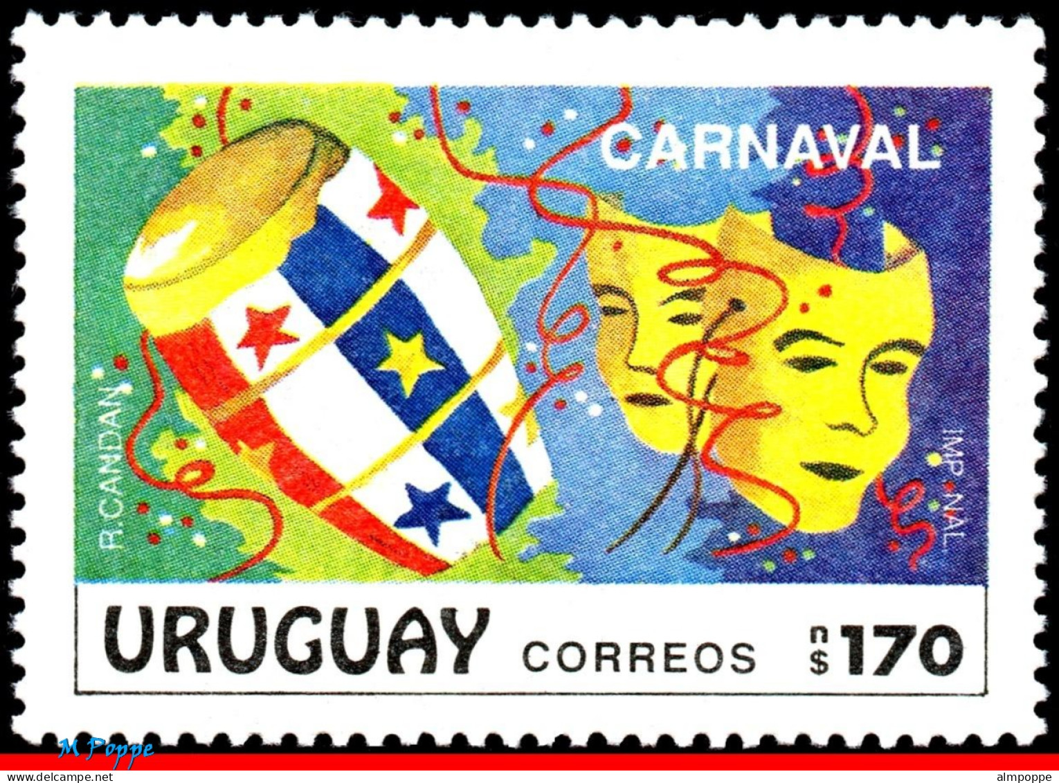 Ref. UR-1363 URUGUAY 1991 - CARNIVAL, MASKS, MUSICALINSTRUMENT, MUSIC, MI# 1890, MNH, COSTUMES 1V Sc# 1363 - Carnaval