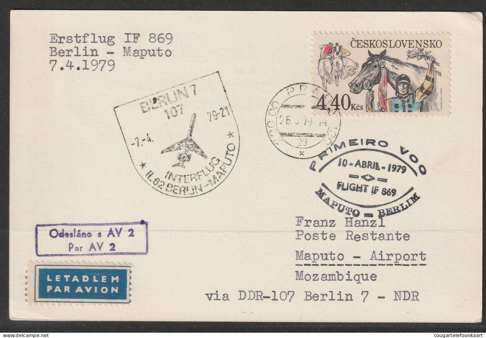 1979, Interflug, First Flight Card, Praha-Maputo Mozambique, Feeder Mail - Airmail