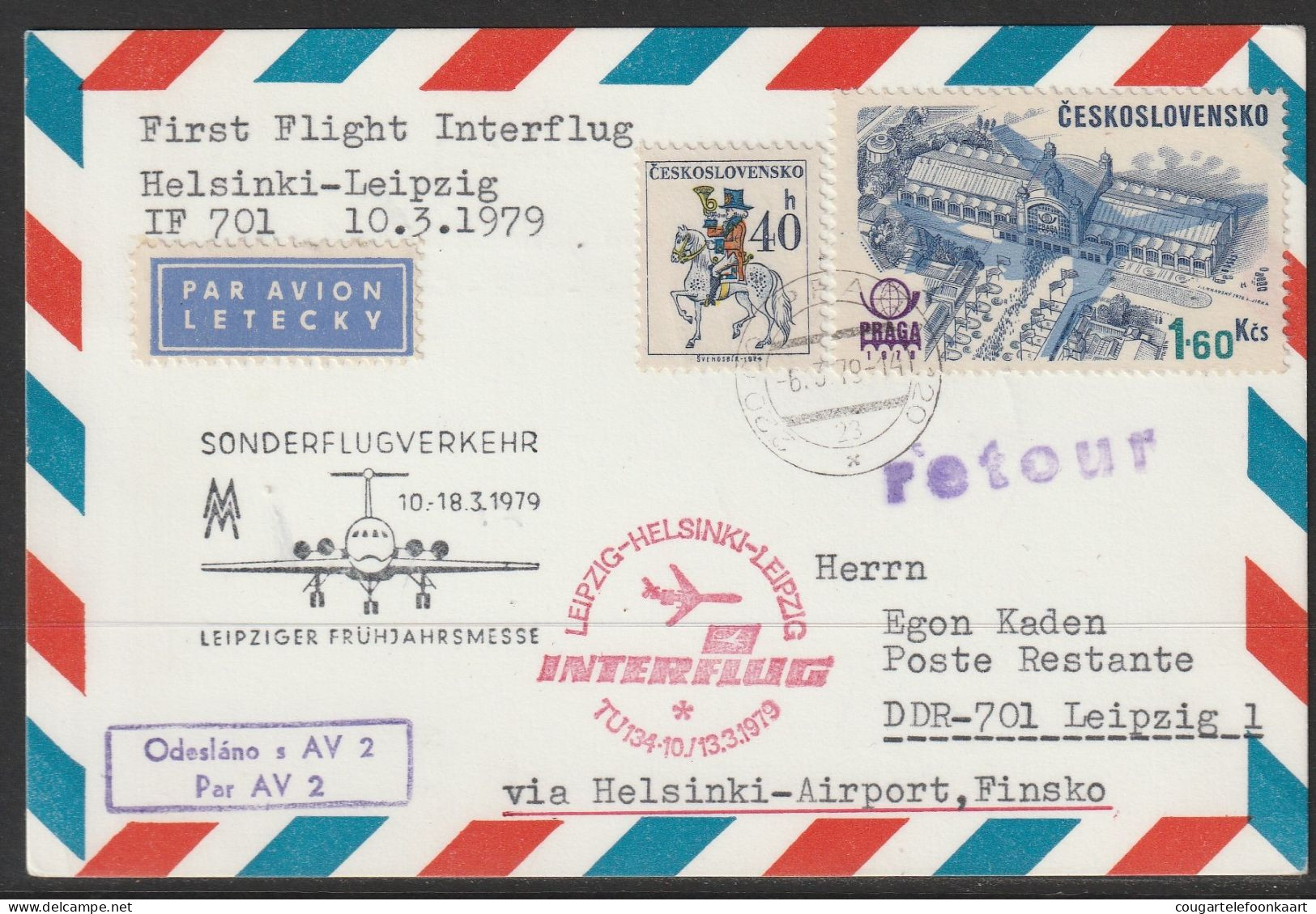 1979, Interflug, First Flight Card, Praha-Helsinki, Feeder Mail - Corréo Aéreo