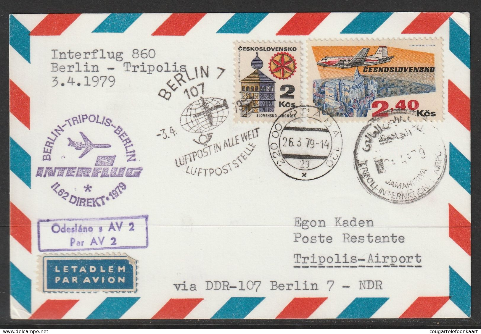 1979, Interflug, First Flight Card, Praha-Tripolis, Feeder Mail - Corréo Aéreo