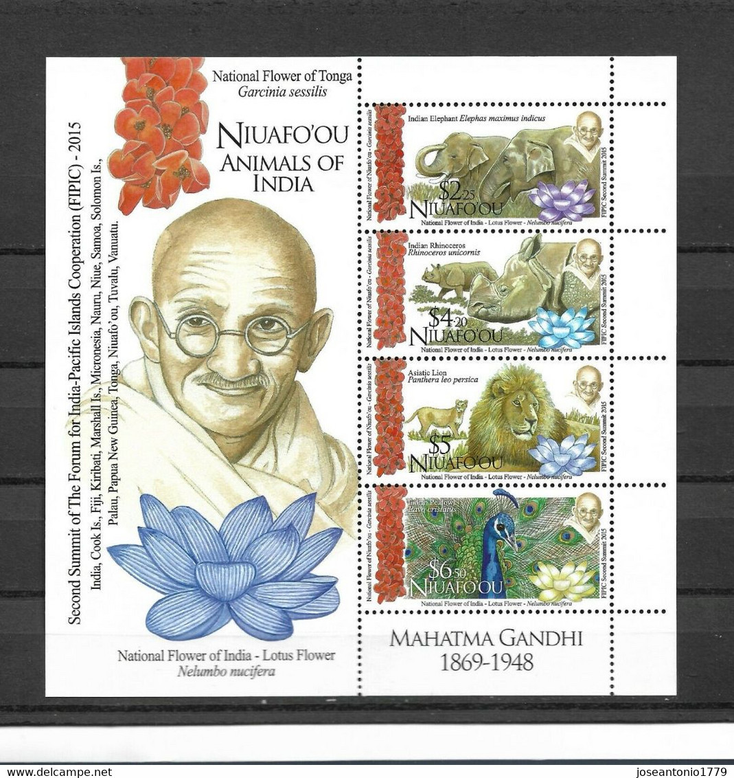 NIUAFO'OU 2015, HOJA BLOQUE MAHATMA GANDHI " ANIMALES DE LA INDIA " MNH. - Autres - Océanie