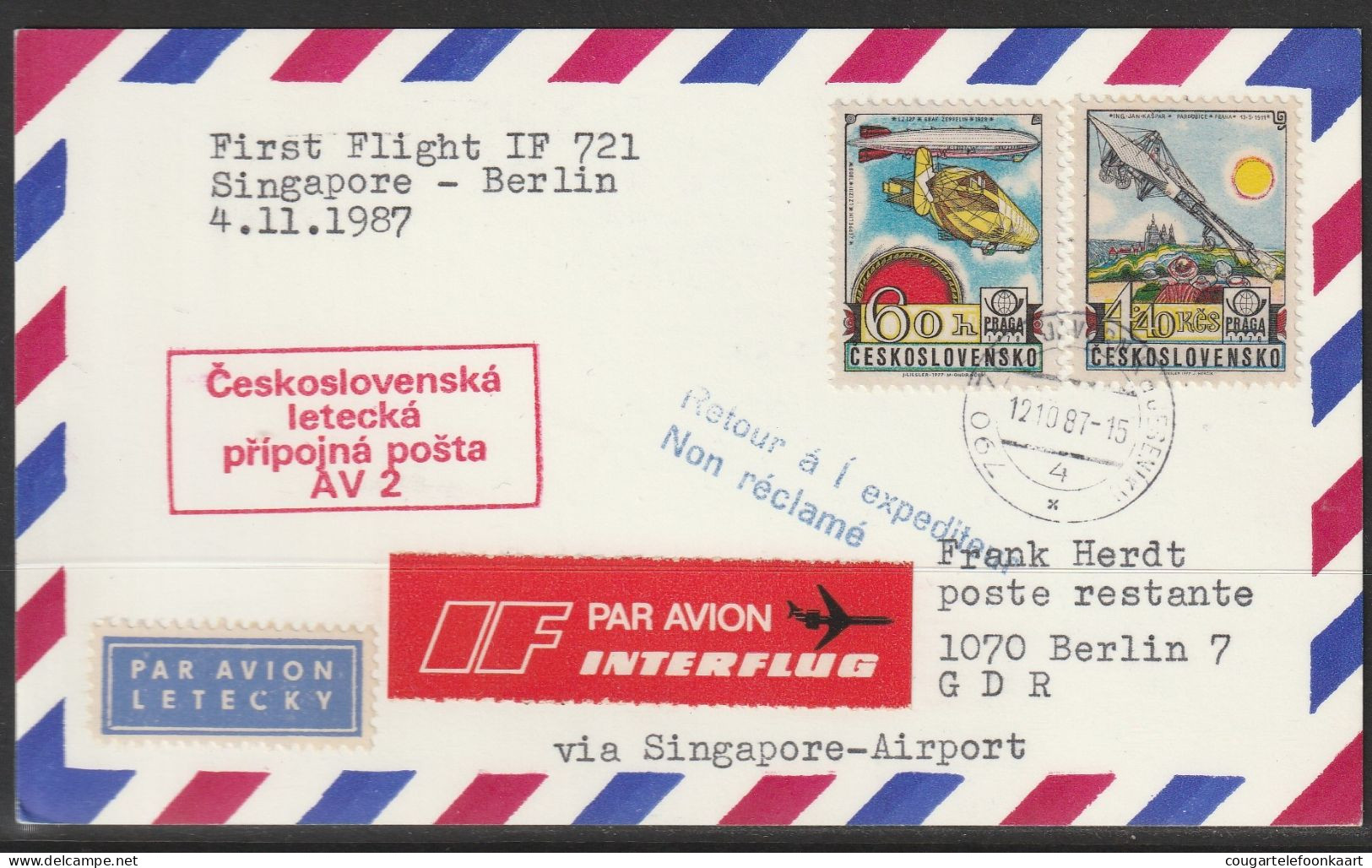 1987, Interflug, First Flight Card, Ceskoslovensko-Singapore-Berlin, Feeder Mail - Posta Aerea