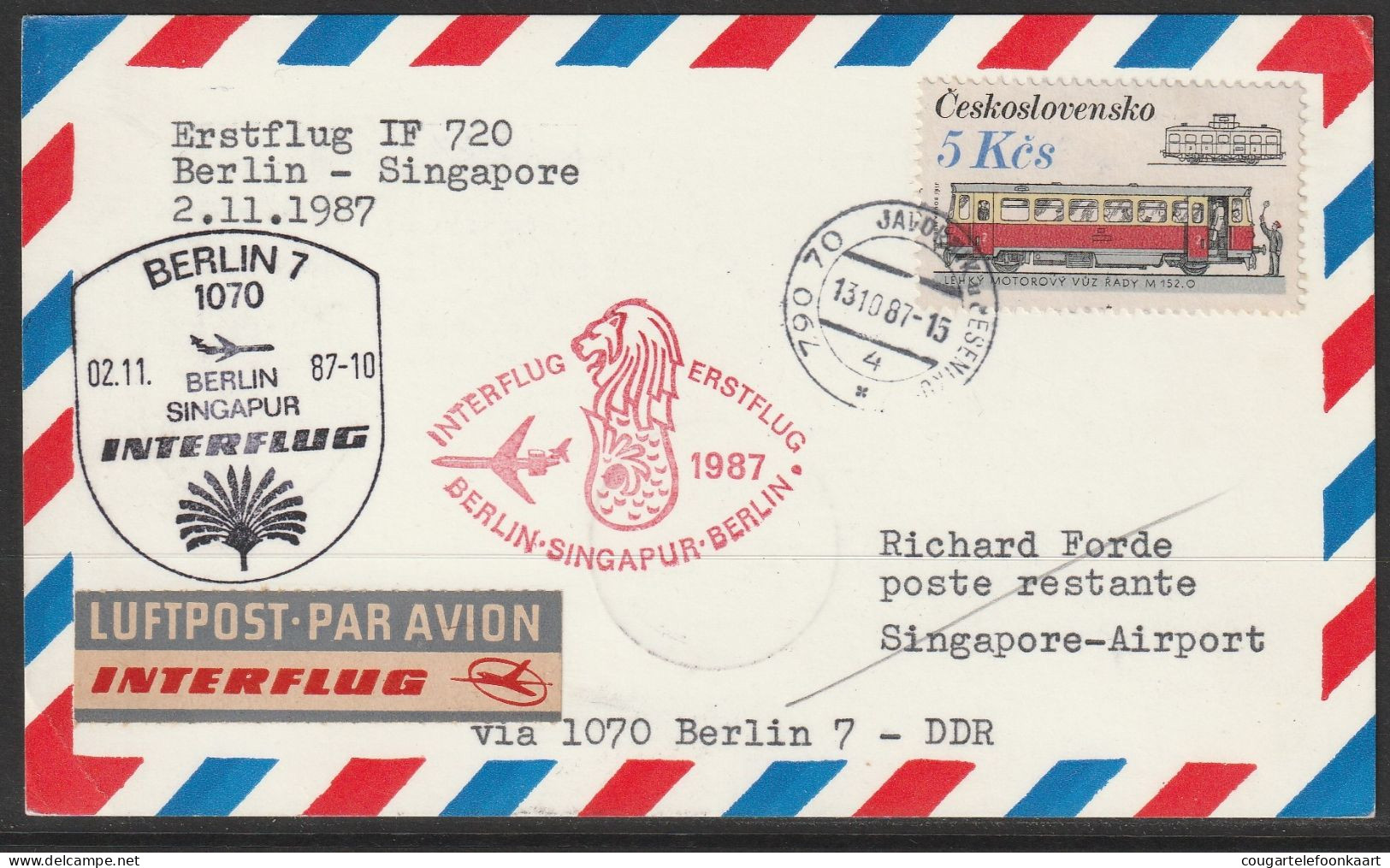 1987, Interflug, First Flight Card, Ceskoslovensko-Singapore, Feeder Mail - Luftpost