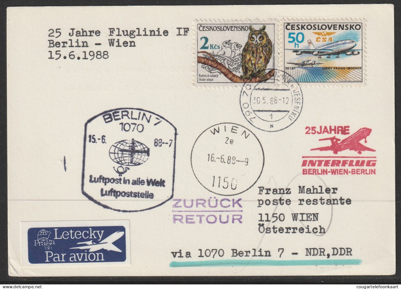 1988, Interflug, Special Flight Card, Ceskoslovensko-Wien Retour, Zuleitungspost - Luftpost