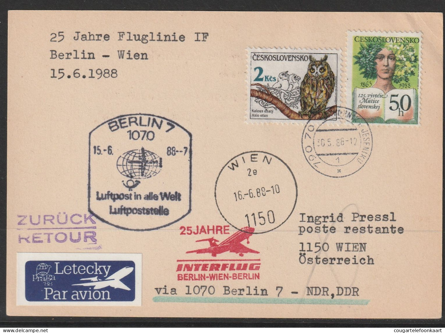 1988, Interflug, Special Flight Card, Ceskoslovensko-Wien, Zuleitungspost - Airmail