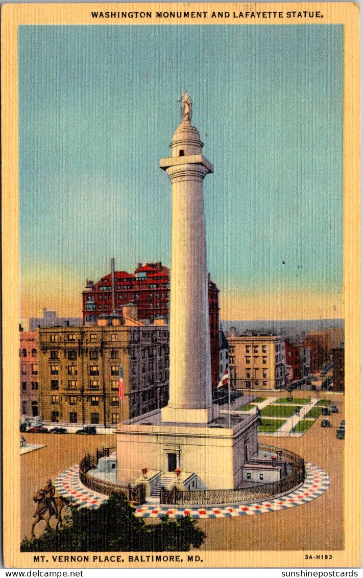 Maryland Baltimore Mt Vernon Place Washington Monument And Lafayette Statue 1947 Curteich - Baltimore