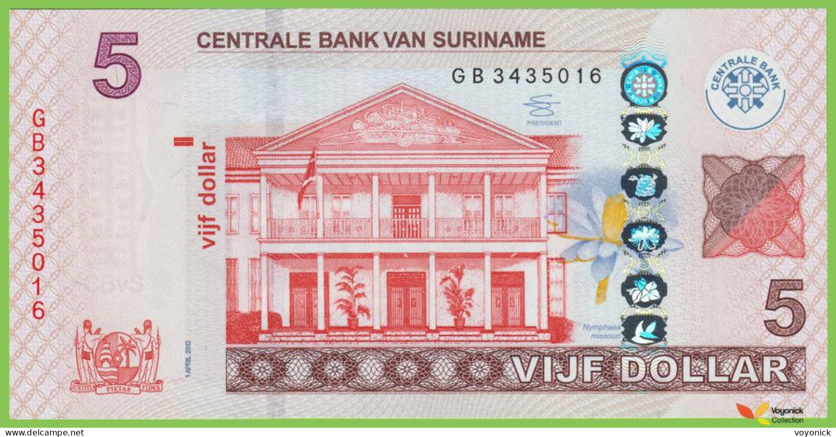 Voyo SURINAM 5 Dollar 2012 P162b B545b GB UNC Suriname River - Suriname