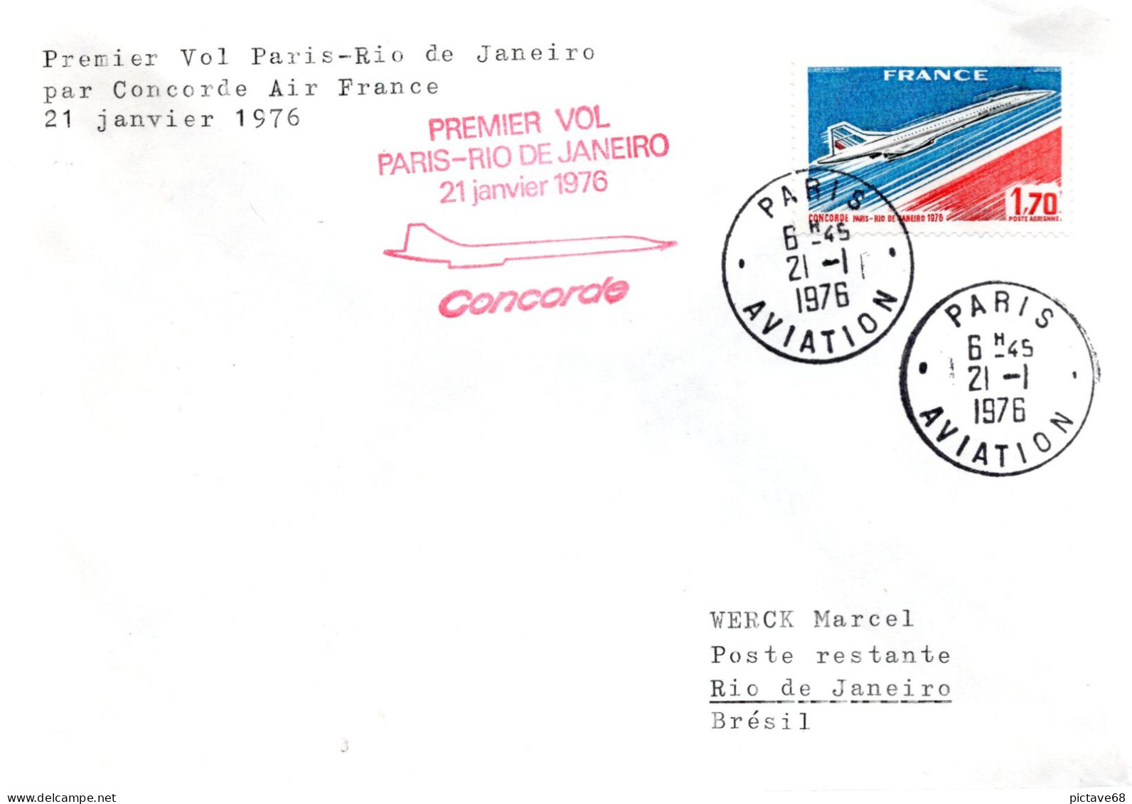 FRANCE / ENVELOPPE PREMIER VOL PARIS-RIO DU 21-1-1976 - Concorde