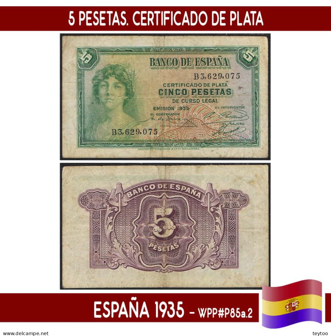 B1009# España 1935. 5 Pts. Certificado De Plata (F) WPM#P85a.2 - 5 Pesetas