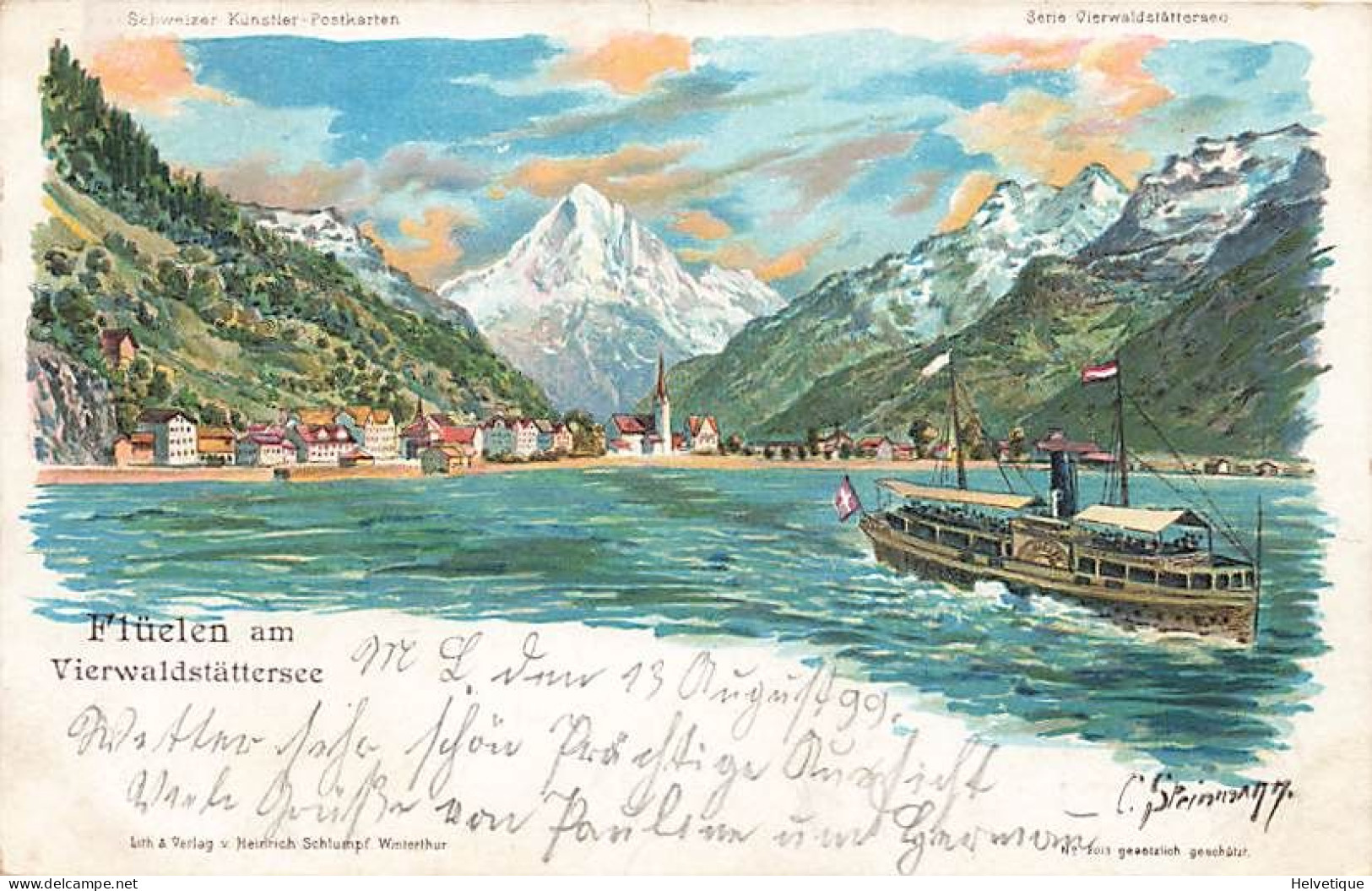 Flüelen Am Vierwaldstättersee Litho 1899 Bateau à Vapeur - Steamer - Dampfschiff - Bristenstock - Flüelen