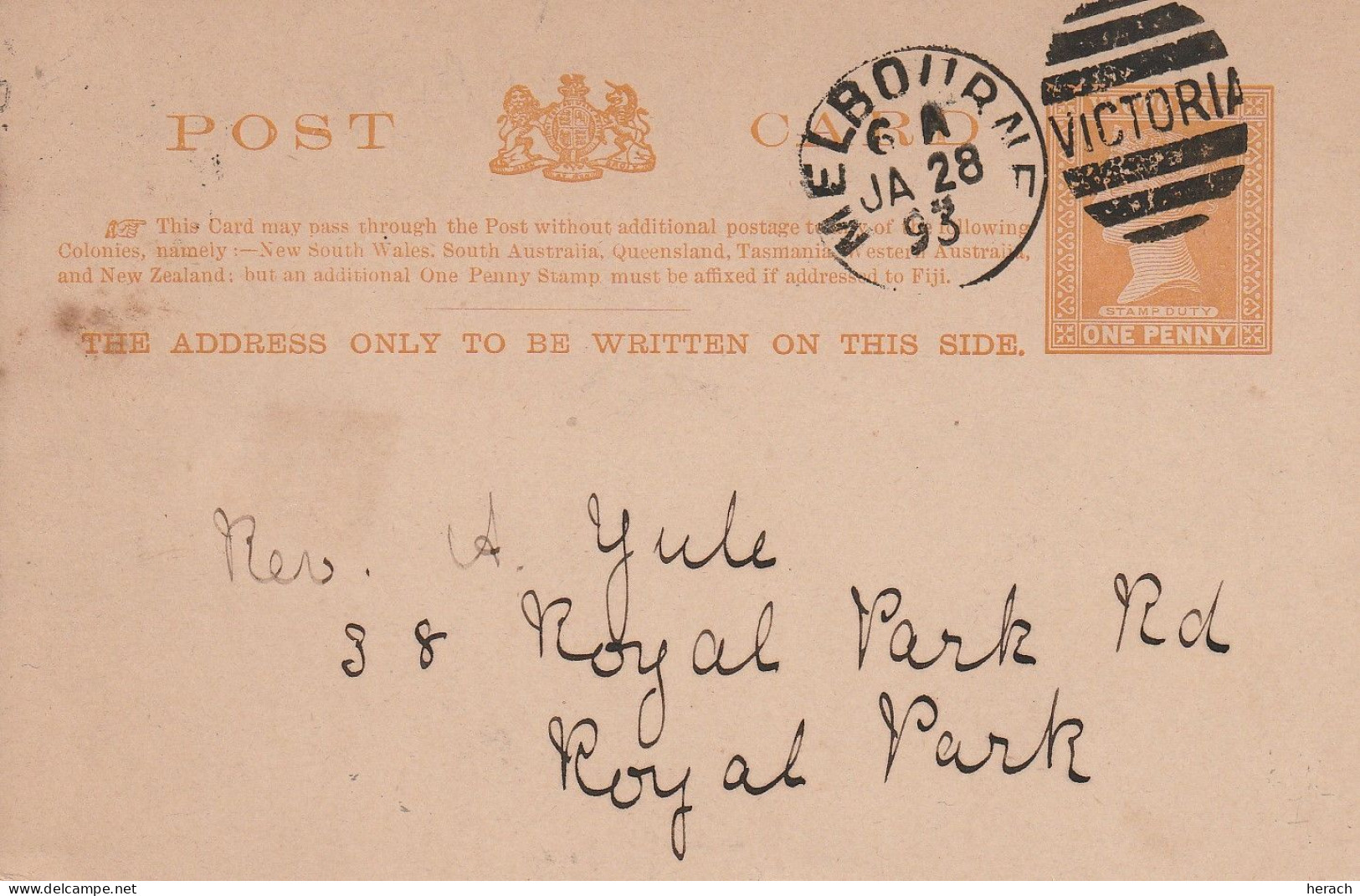 Victoria Entier Postal Melbourne 1893 - Brieven En Documenten