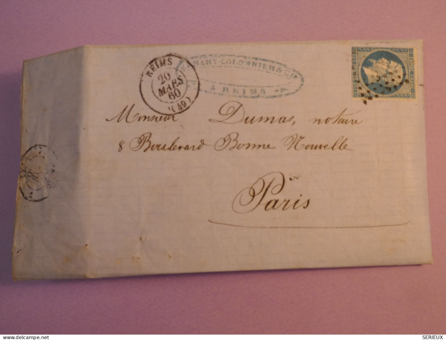 BY18 FRANCE  BELLE  LETTRE  1860 REIMS  A PARIS ++ NAPOLEON N° 14 ++AFF. INTERESSANT ++ - 1853-1860 Napoleone III