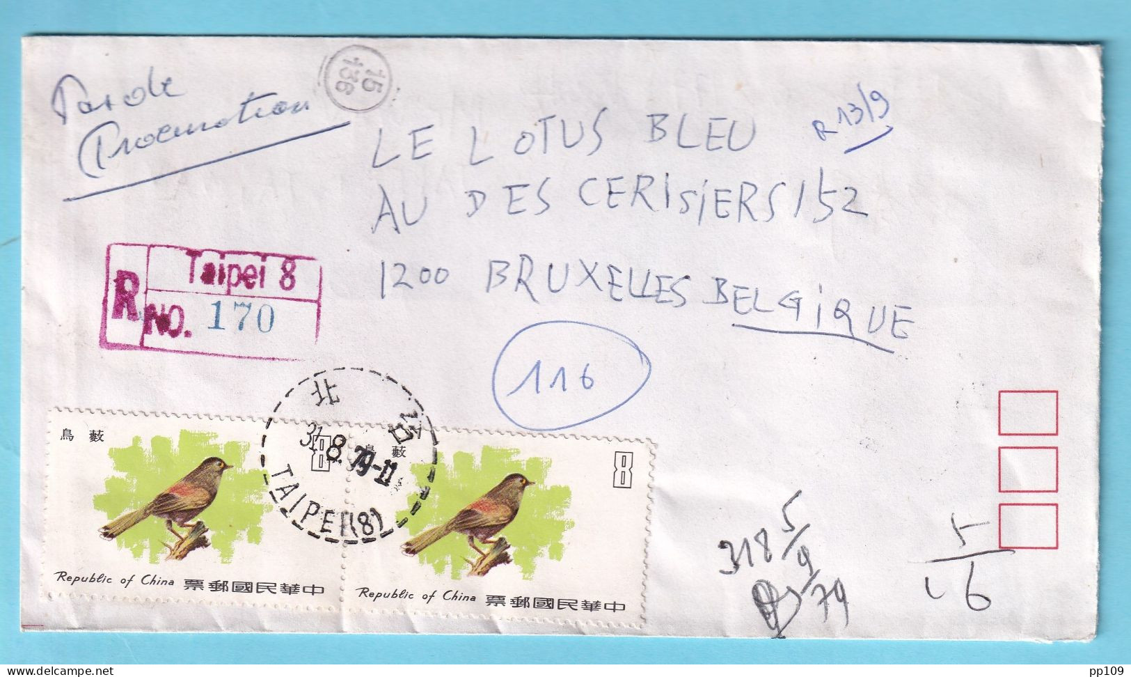 L Registered TAIPEI 31 VIII 1979 To Belgium Bird - Lettres & Documents