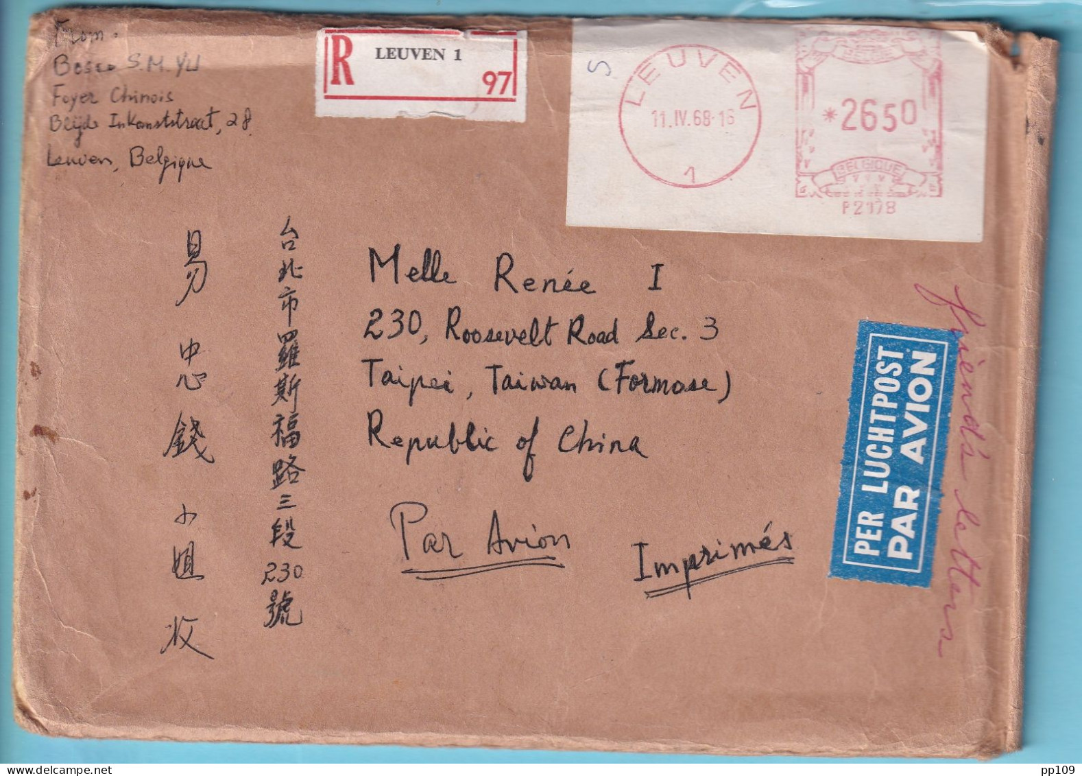 IMPRIMES Recommandé  Par Avion  LEUVEN 11 IV 1968 Vers  TAIWAN CHINA  - 1960-79