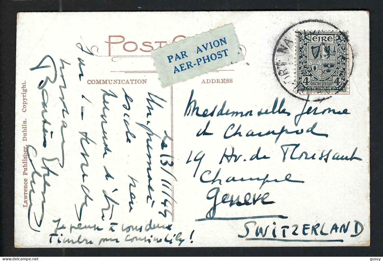 IRLANDE P.A. Ca.1960: CP Ill. Pour Genève (Suisse) - Luftpost