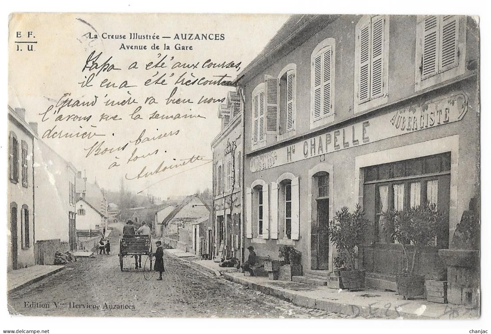 Cpa: 23 AUZANCES (ar. Aubusson) Avenue De La Gare (Auberge Chapelle, Attelage) 1905  Ed. Vve Hervieux - Auzances