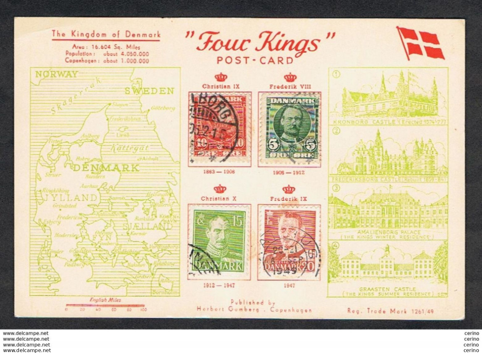 DENMARK:  1921/49  FOUR  KINGS  POST-CARD  -  YV/TELL. 43 + 55 + 283 + 317 - Errors, Freaks & Oddities (EFO)