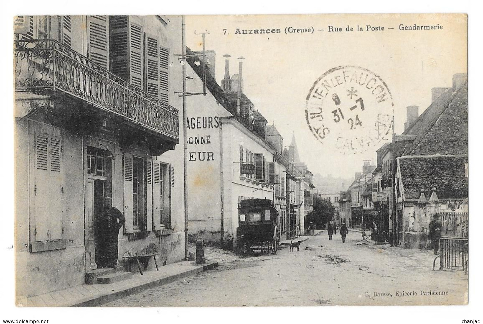 Cpa: 23 AUZANCES (ar. Aubusson) Rue De La Poste - Gendarmerie (animée) 1924  Ed. E. Barsse, Epicerie Parisienne N° 7 - Auzances