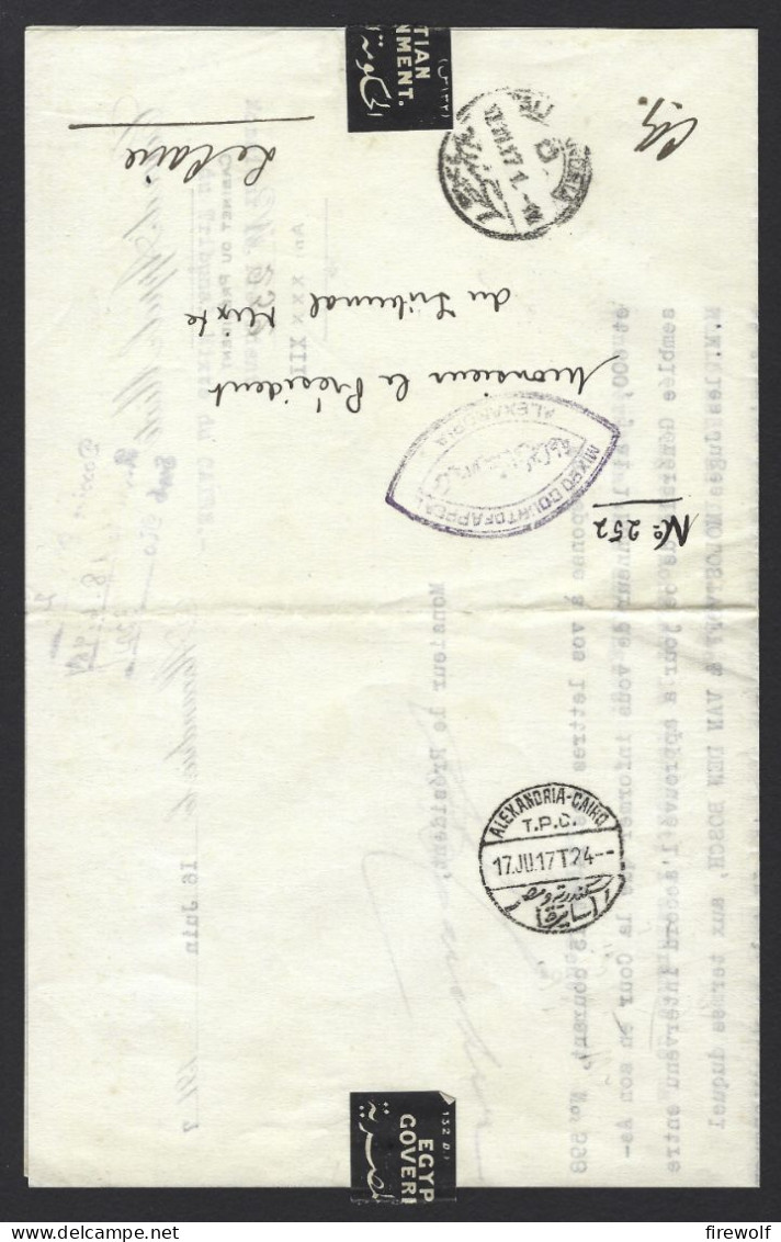 C26 - Egypt - 1917 - Letter Cour D'Appel Mixte Alexandrie - TPO Alexandria Cairo - Egyptian Government Label - 1915-1921 Brits Protectoraat