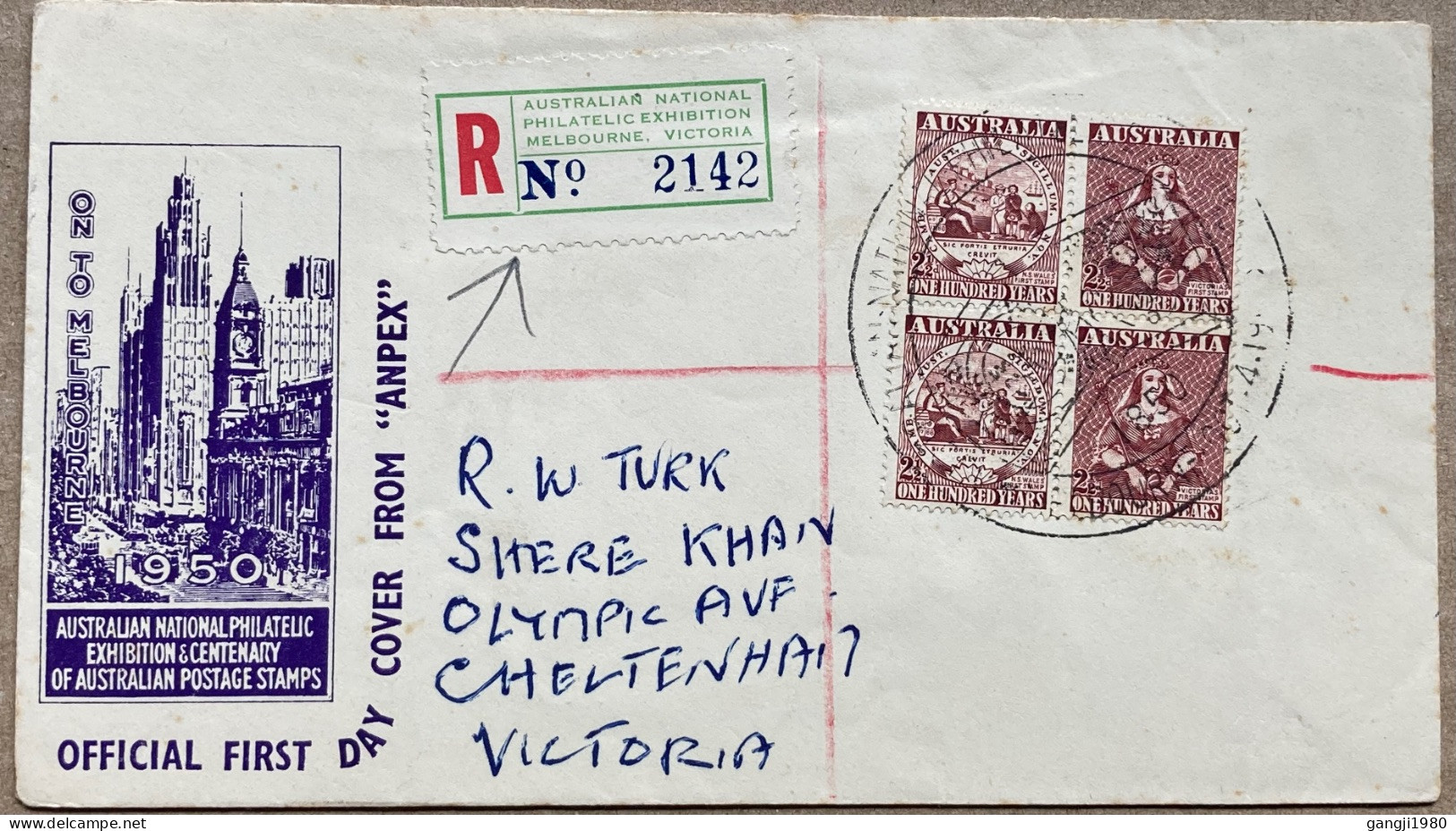 AUSTRALIA 1950, ILLUSTRATE REGISTER COVER USED, PHILA EXHIBITION, VIGNETTE  SPECIAL LABLE, CACHET, CHELTENHAM CITY CANCE - Storia Postale