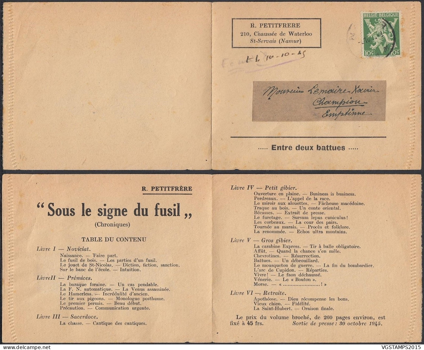 Belgique 1945 - Lettre Publicitaire "Armes" Avec Intérieur. Emission "Lion" "VII" De Londres. Pas Commun  (EB) DC-11799 - 1929-1937 Lion Héraldique