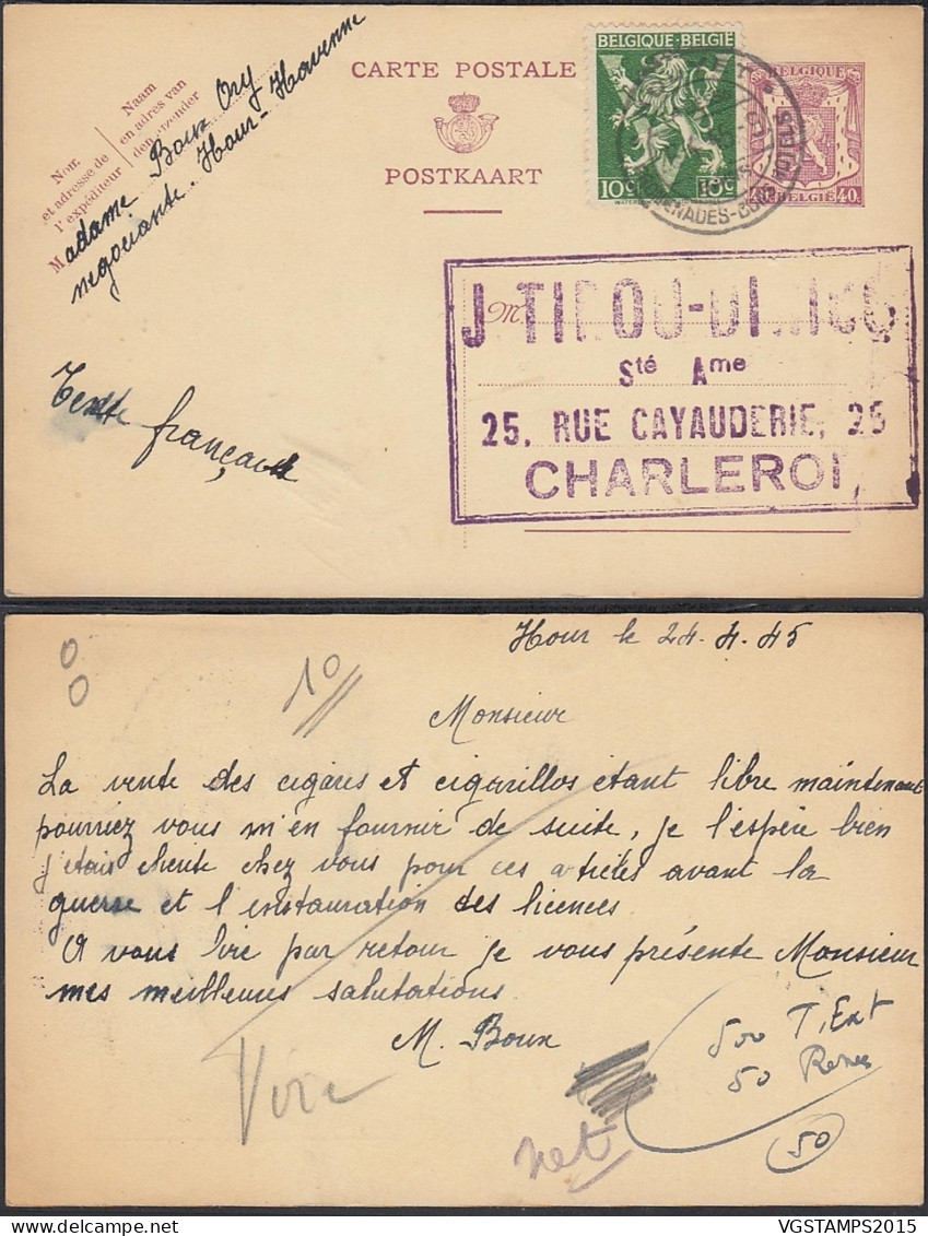 Belgique 1945 - Entier Postal Sur CP D' Hour-Havenne Vers Charleroi.  Émis. Lion V De Londres..  (EB) DC-11801 - 1929-1937 Lion Héraldique