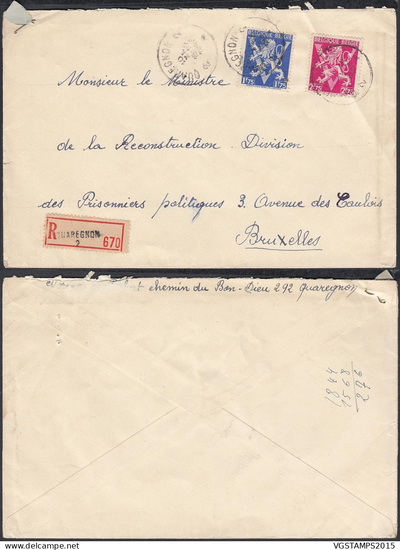 Belgique 1947 -Lettre Recommandée De Quaregnon  Vers Bruxelles......................................... (EB) DC-11804 - 1929-1937 Lion Héraldique