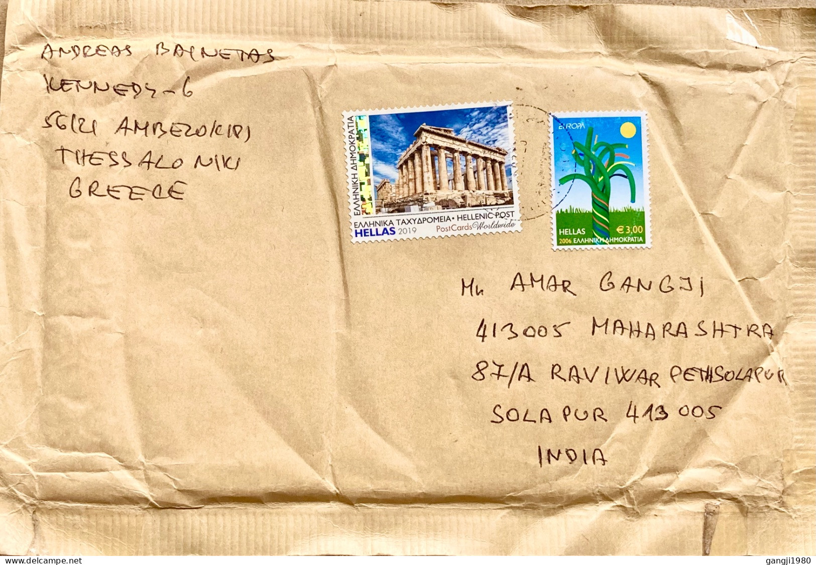 GREECE 2023, COVER USED INDIA, 2006 EUROPA, 2019 ARCHITECTURE, HERITAGE, STAMP FOR POSTCARD USED ON COVER, THESSALONIKI - Covers & Documents