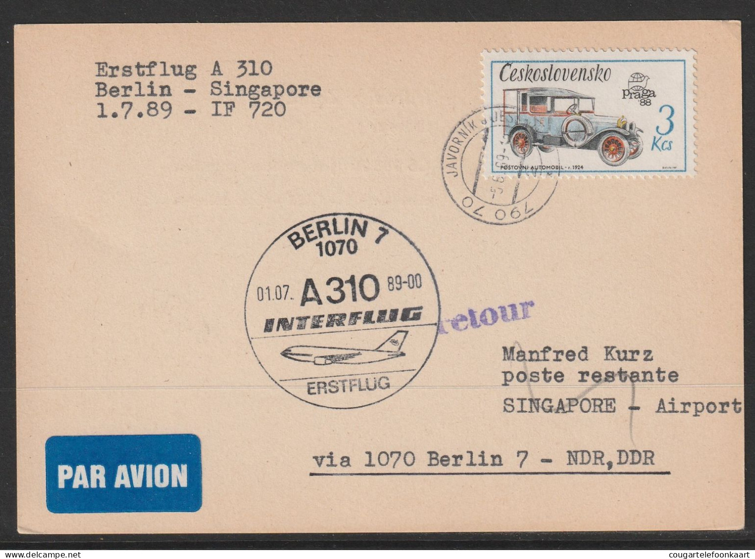 1989, Interflug, First Flight Card, Javornik-Singapore, Feeder Mail - Luftpost