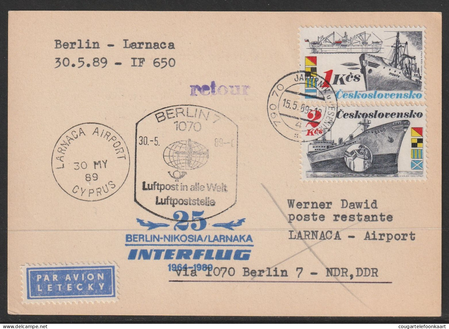 1989, Interflug, Special Flight Card, Javornik-Larnaca, Feeder Mail - Corréo Aéreo