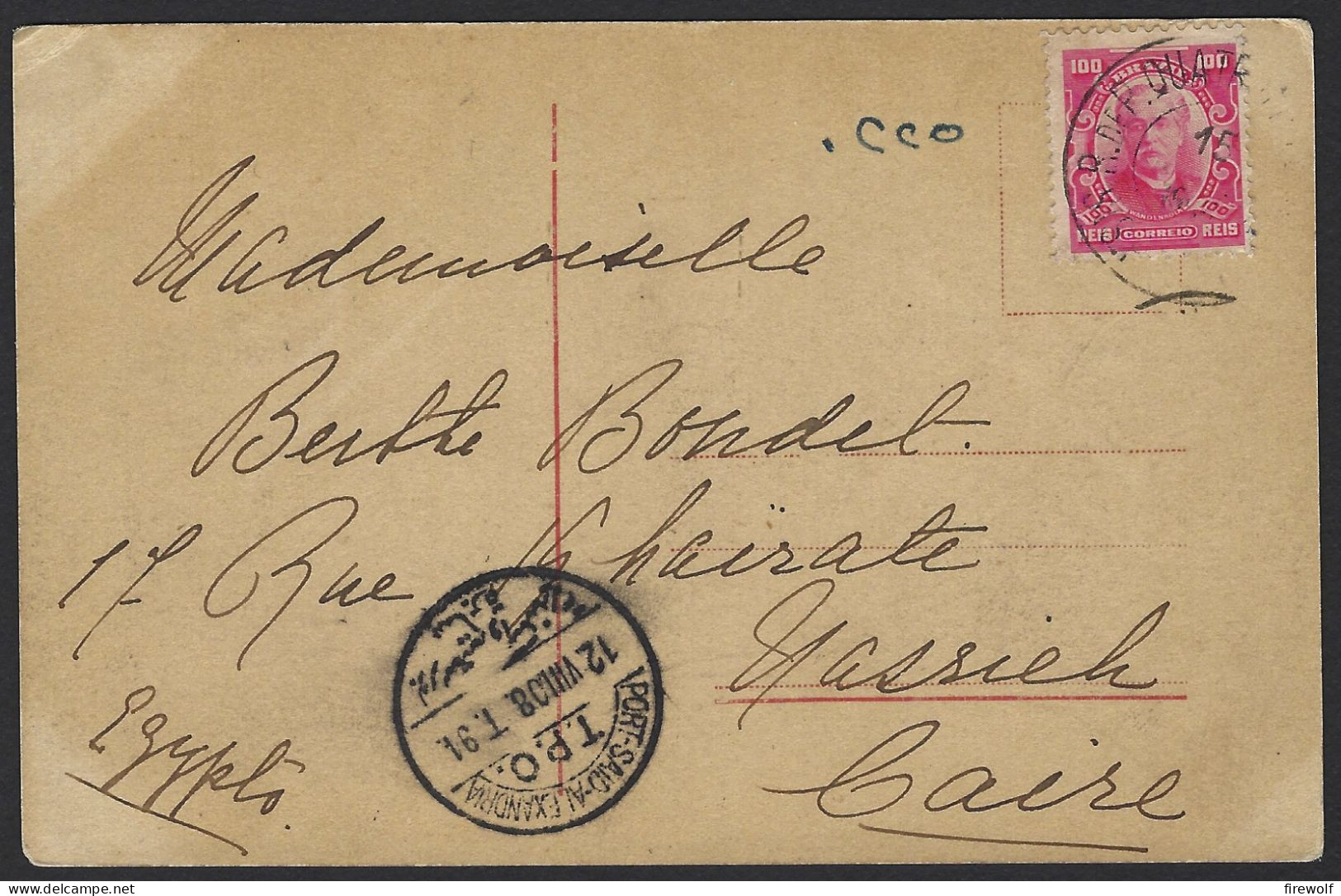 W08 - Brazil 1908 Postcard - Santa Rita Do Passa Quatro > Cairo Egypt - TPO Port Said Alexandria - PC  Woman - Briefe U. Dokumente