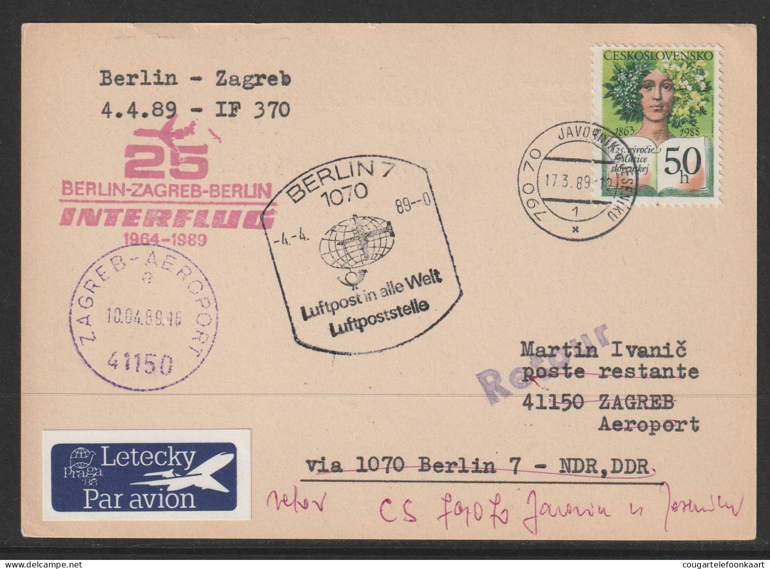 1989, Interflug, Special Flight Card, Javornik-Zagreb, Feeder Mail - Corréo Aéreo