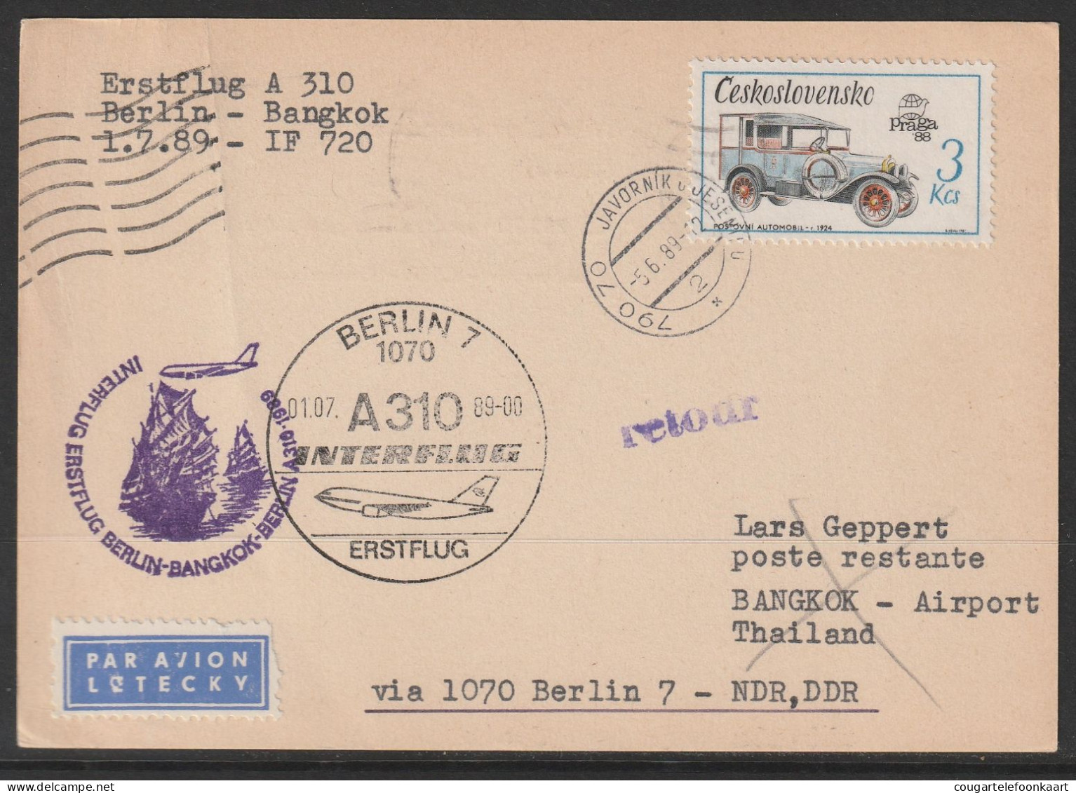 1989, Interflug, First Flight Card, Javornik-Bangkok, Feeder Mail - Corréo Aéreo
