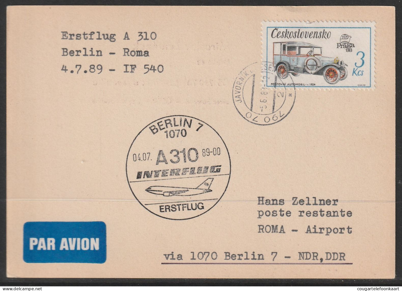 1989, Interflug, First Flight Card, Javornik-Roma, Feeder Mail - Luchtpost