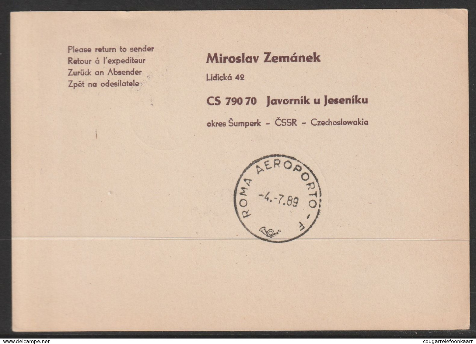 1989, Interflug, First Flight Card, Javornik-Roma, Feeder Mail - Luftpost