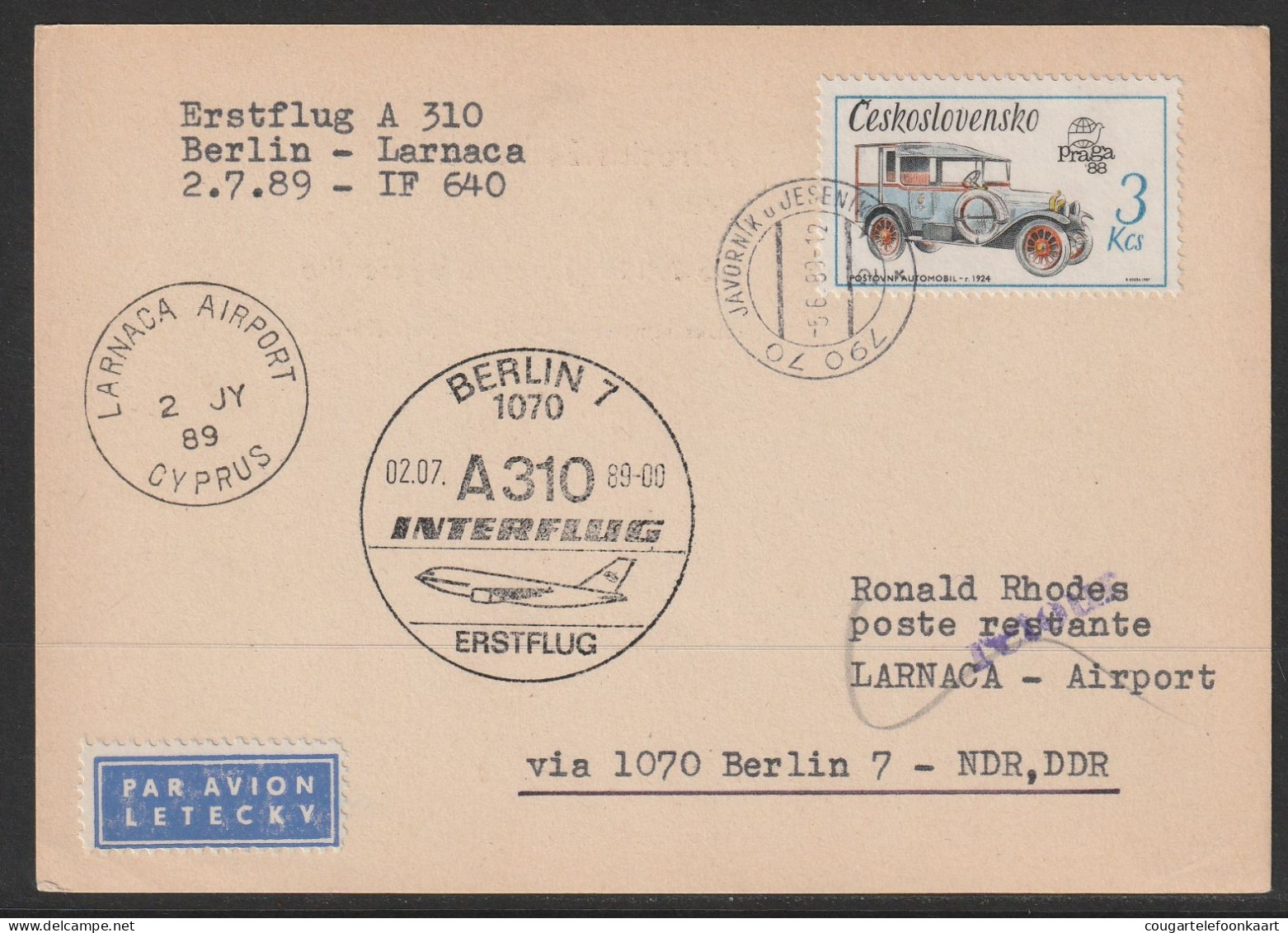 1989, Interflug, First Flight Card, Javornik-Larnaca, Feeder Mail - Airmail