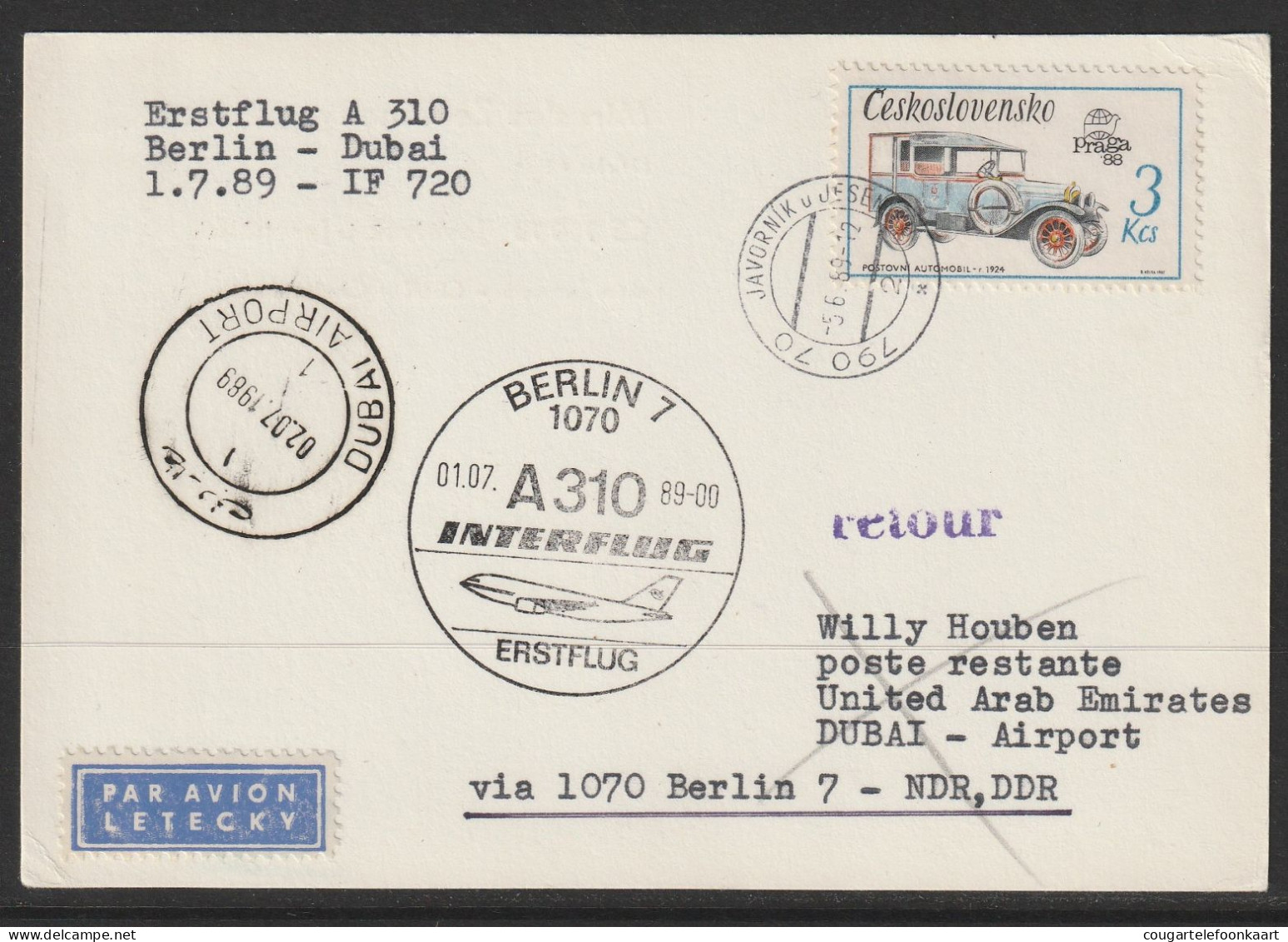 1989, Interflug, First Flight Card, Javornik-Dubai, Feeder Mail - Airmail