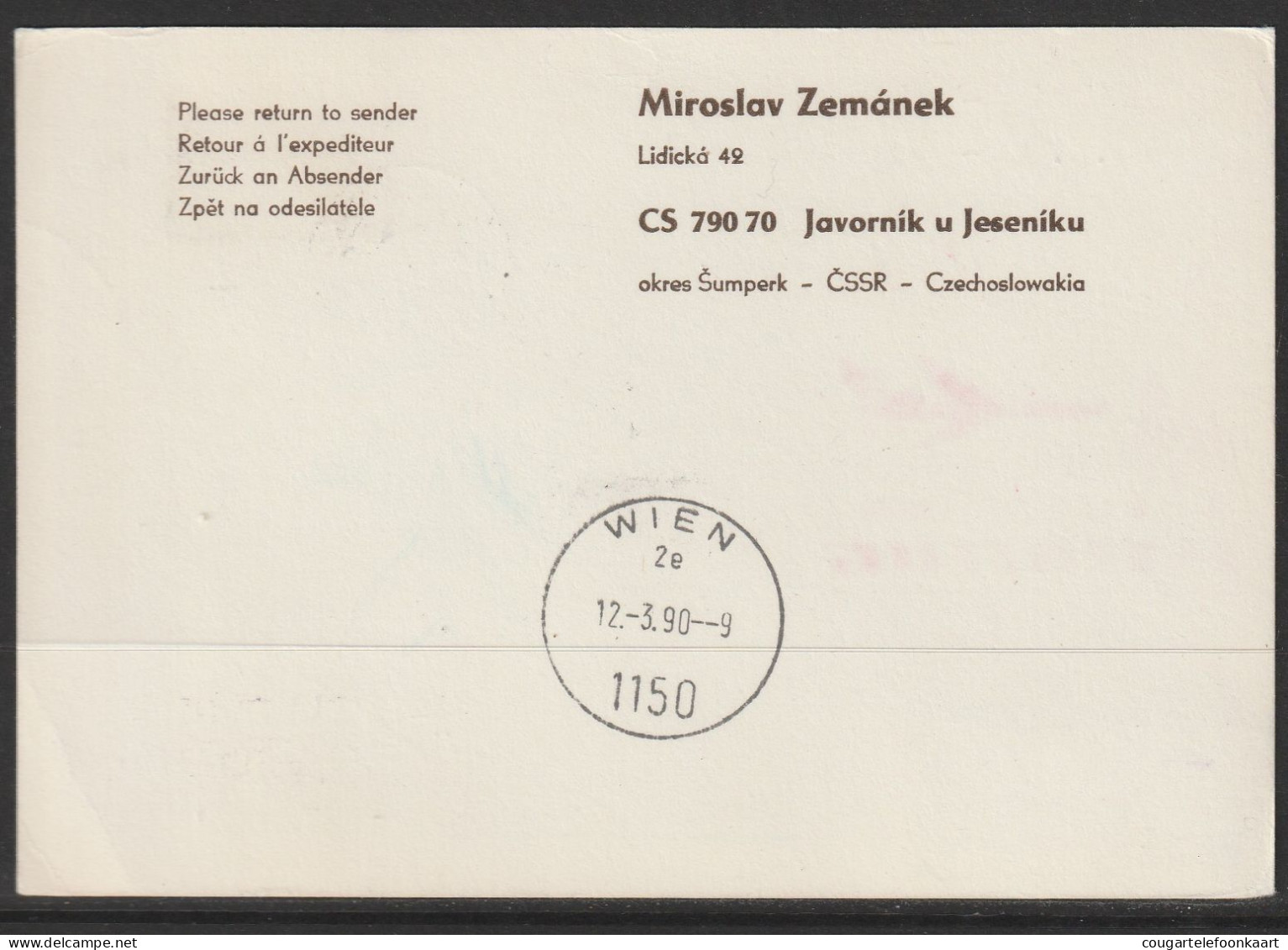 1990, AUA, Special Flight Card, Javornik-Wien, Feeder Mail - Poste Aérienne