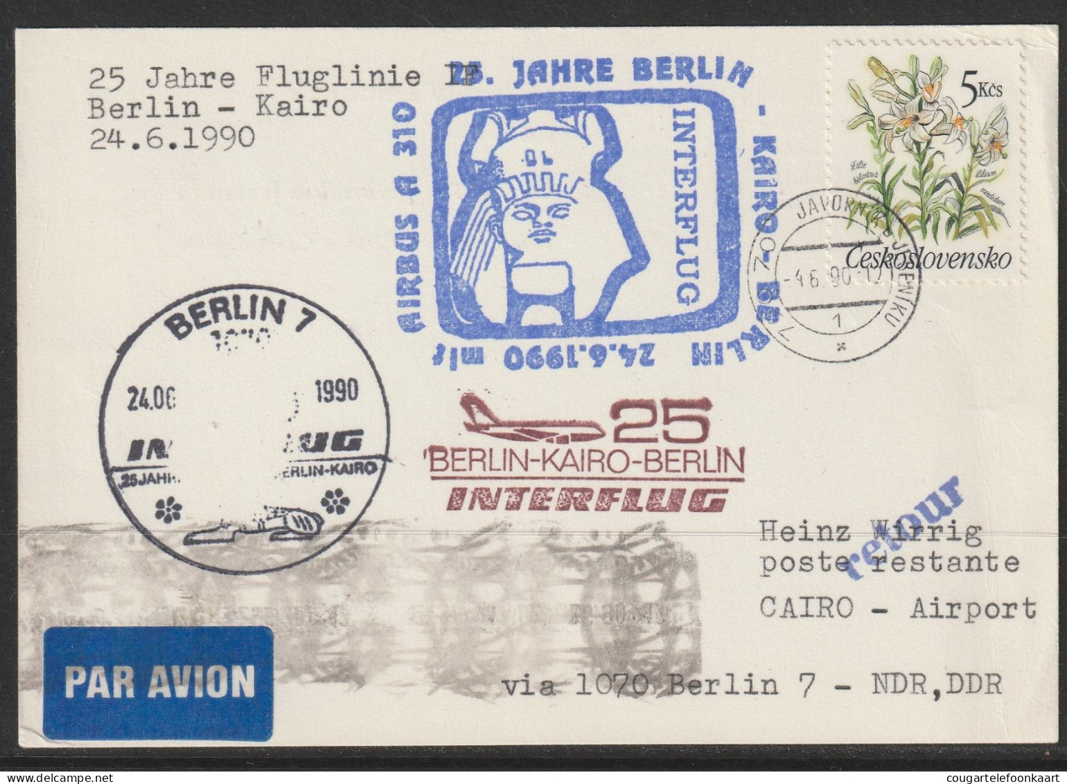 1990, Interflug, Special Flight Card, Javornik-Kairo, Sonderstempel Blau, Zuleitungspost - Posta Aerea